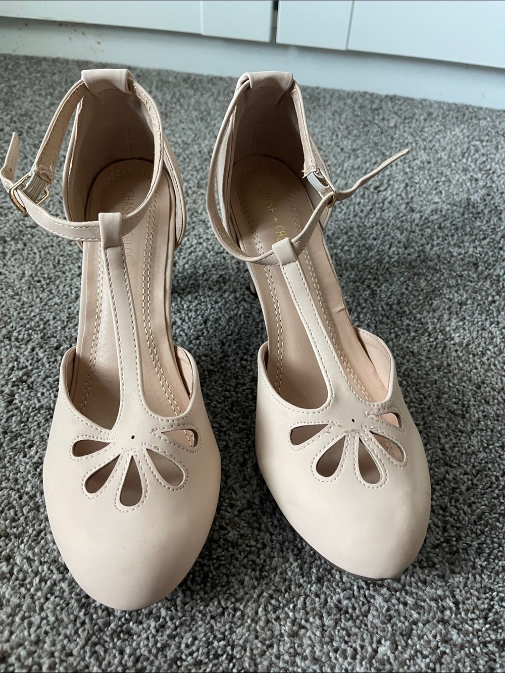 Women's T-Strap Cutout Pumps in Light Beige